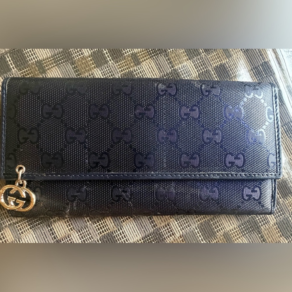 Gucci EUC Blue GG Imprime Canvas Continental Bifold Long Wallet
